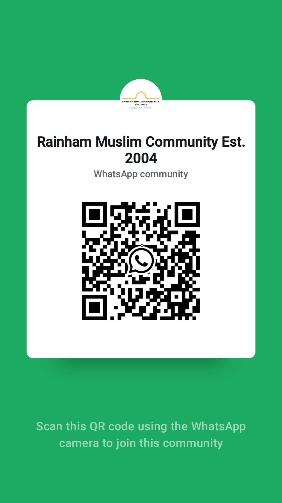 Scan QR code to join Rainham Muslim Community WhatsApp group